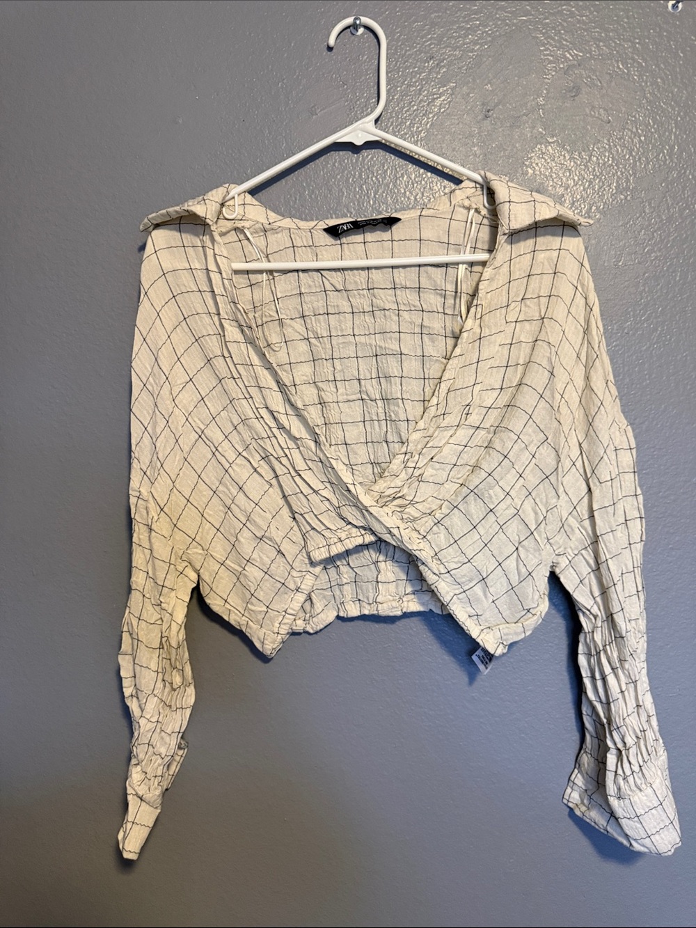 Zara Cream and Black Windowpane Cropped Wrap Blouse